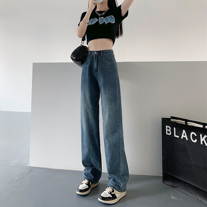 2022 Summer blue Wide Leg jeans for Women Korean High Waist mopping Denim Pants Woman tall person straight  jean Baggy trousers